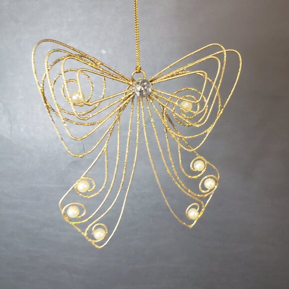 Lot of 4 Gold Glitter Christmas Tree Ornaments Bows with Faux Pearl - Picture 3 of 7